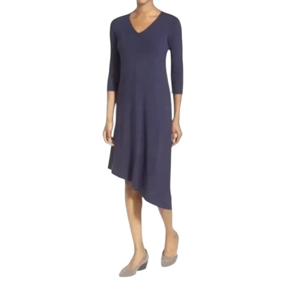 Eileen Fisher Minimalist Dress Med Navy Lagenlook V Neck Asymmetrical - Picture 8 of 11